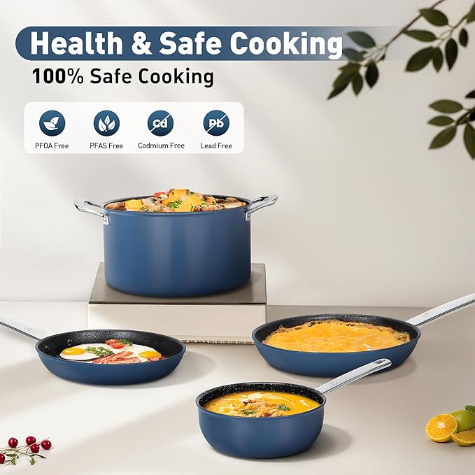 DishDelight Pots and Pans Set Nonstick, Ceramic Kitchen Cookware Sets Nonstick Induction Cookware Cooking Pan Set with Frying Pans, Saucepans, Added Plasma Diamond, Blue