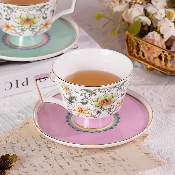 KAMMAK Ceramic Tea Cup and Saucer Set with Gold Trim, Floral Lotus & Scroll Pattern, 240ml Elegant Bone China Coffee Cup Set in Mint Green & Pink for Afternoon Tea, Gift for Women