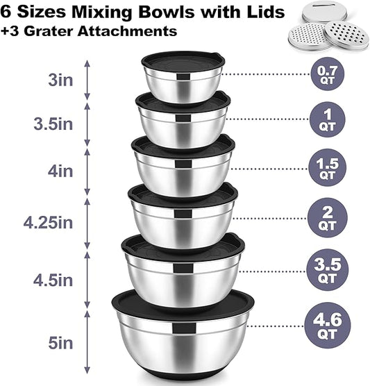 TeamFar Mixing Bowls, 6 PCS Stainless Steel Nesting Salad Bowl with Lids & 3 Graters, For Kitchen Cooking Serving Prepping, Airtight & Non-Slip, Size 4.6/3.5/2/1.5/1/0.7 QT, Black