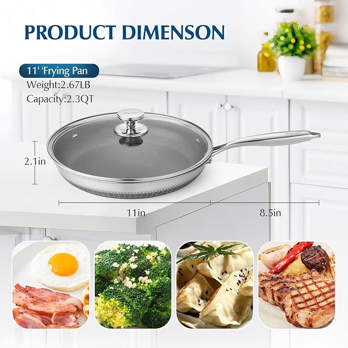 Non Stick Frying Pans, Stainless Steel Nonstick Fry pan with Honeycomb for Kitchen Cooking - 11” Skillet with Lid for Cookware - Works with Induction Cooktop Ceramic and Gas.