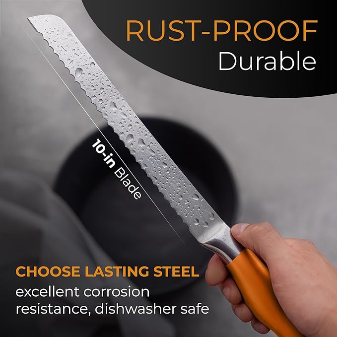 Orblue Serrated Bread Knife with 10-inch Upgraded Stainless Steel Razor Sharp Wavy Edge Width - Bread Cutter Ideal for Slicing Homemade Bagels and Cake, Orange