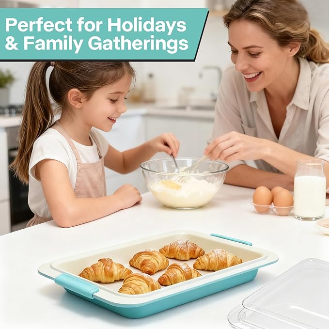 13x9 Inch Heavy-Duty Baking Pan with Lid, Nonstick Rectangular Cake Pan with Silicone Grip Handles and Snap-On Cover, Durable Lasagna Pan for Brownies, Casseroles, Parties & Potlucks
