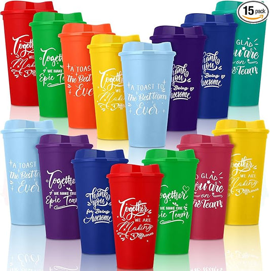 Pickmesh 15 Pcs Employee Appreciation Gifts Christmas Thank You Gift for Team Building 16 oz Teacher Plastic Coffee Cup with Lid Inspirational Travel Tumbler for Coworker Staff Pastor (Bright Color)