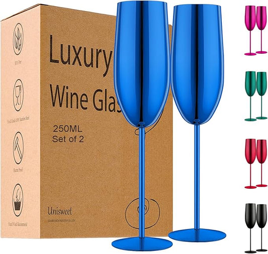 Champagne Glasses Set of 2 Stainless Steel Champagne Flutes Wedding Gifts for Bride 8.5 oz Unbreakable Champagne Glasses for Party Wedding Christmas Anniversary Brithday (Blue)