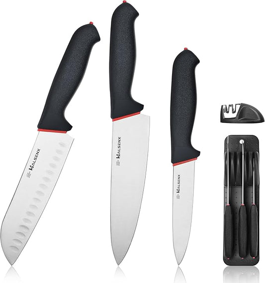 5-Piece Professional Kitchen Knife Set - 8" Chef, 7" Santoku, 5.5" Utility Knives, In-Drawer Knife Storage & Sharpener - 1.4116 German Steel with Non-Slip Softgrip Handle for Home Kitchen