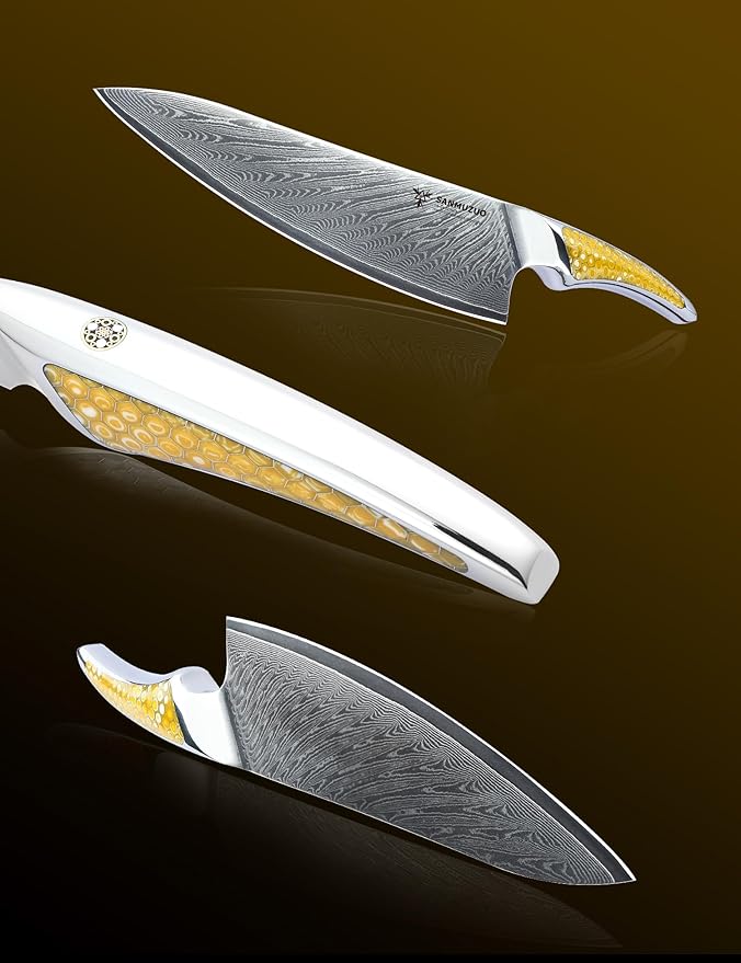 8 inch Chef Knife, Japanese VG-10 Damascus Steel Kitchen Knife, Ultra Sharp Cooking Knife with Full-tang Handle in Yellow Resin, LA-S9 Series