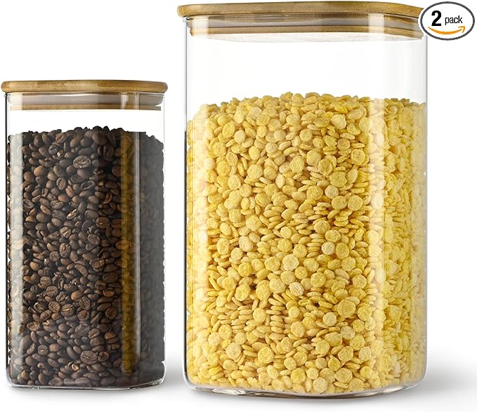 156oz 52oz Airtight Glass Square Storage Canister with Bamboo Lid Set of 2(4600ml*1 1550ml*1) Large Gallon Glass Jars for Sugar, Flour, Cookies and Coffee beans (with Black Lable)
