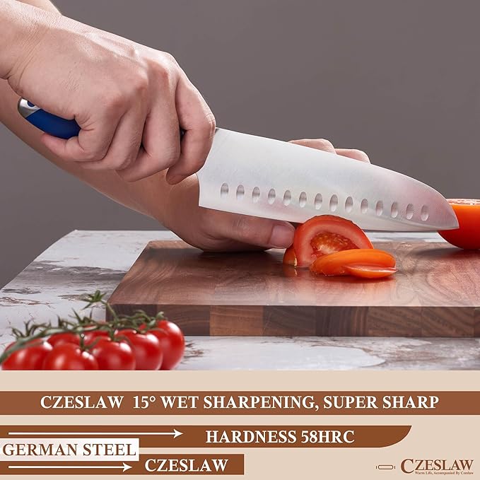 Santoku Knife 2pcs, Japanese 7" Chef Knife & 5" Vegetable Knife, Forged High Carbon German Steel, Full Tang & Razor Sharp, Ergonomic Prussia Blue Handle Design, cooking gifts cooks