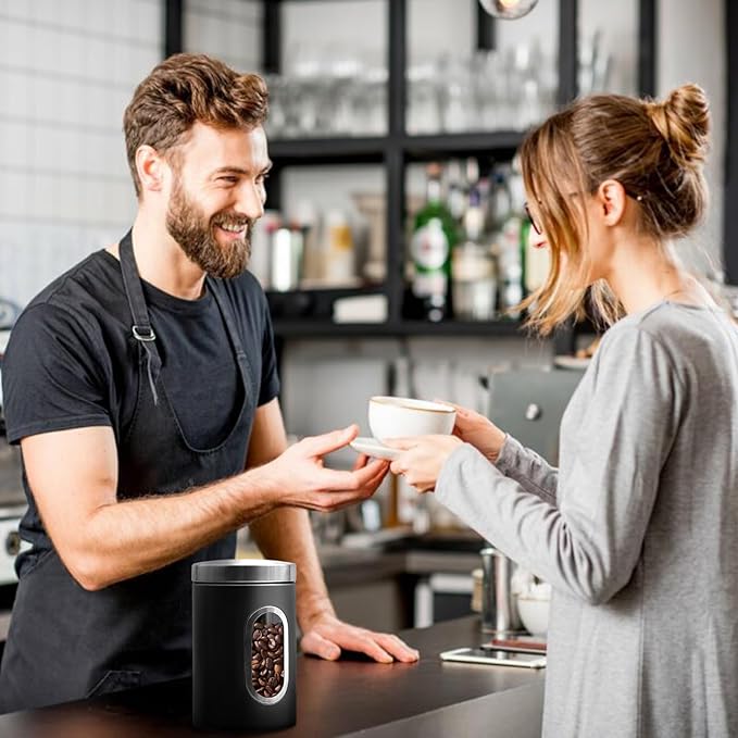 Canisters Sets for the Kitchen, 3pcs Sugar Flour Tea Coffee Storage Jars Stainless Steel Food Container Organizer for Kitchen Counter with Transparent Window (black)