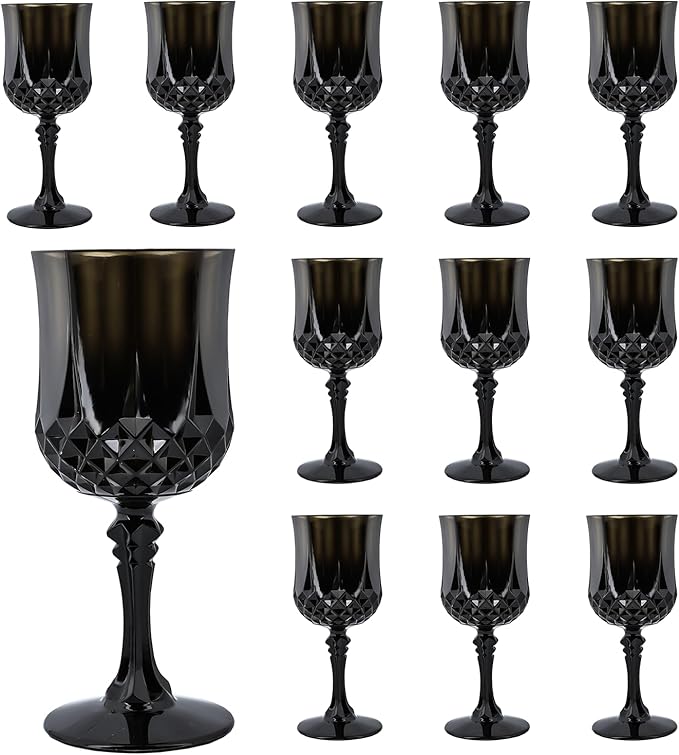 Plastic Wine Glasses,Plastic Goblets Vintage Style Cordial Drinking Glasses for Wedding Reception, Halloween Grand Event Party Supplies (12, Black)