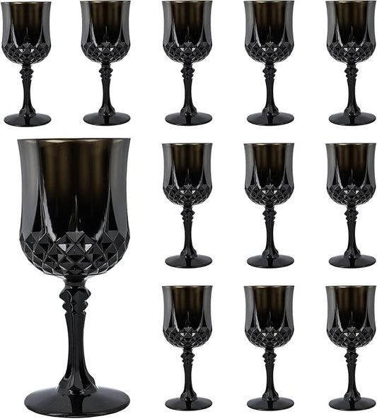 Plastic Wine Glasses,Plastic Goblets Vintage Style Cordial Drinking Glasses for Wedding Reception, Halloween Grand Event Party Supplies (12, Black)