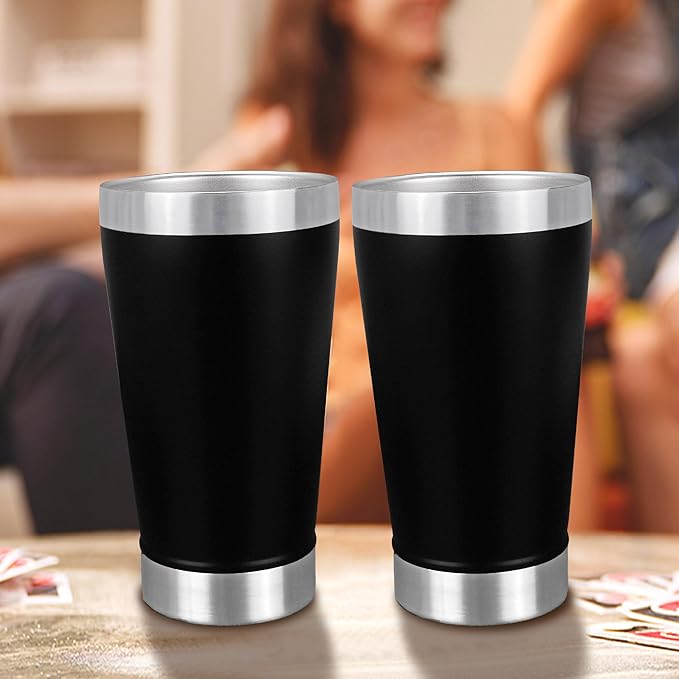 16 oz Insulated Beer Cup Set of 4, Outdoor Tumbler Stackable, Stainless Steel Double Walled Pint Glasses, Cold Mug for Beer, Black, Ideal for Wine Lover, Coffee