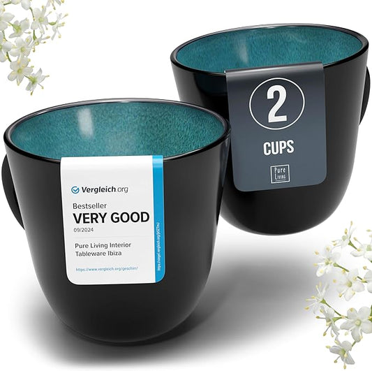 Stoneware coffee mugs set 2 pcs – 14.5 oz petrol blue ceramic mugs – Dishwasher and microwave safe – Stylish coffee cup set – Dinner service