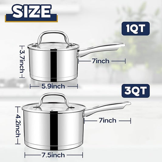LIANYU Stainless Steel Saucepan Set, 1QT & 3QT Sauce Pan with Lid, Multipurpose Cooking Pot Set, Triply Bottom Milk Sauce Pan for Home Kitchen, All Stove Compatible, Dishwasher Safe