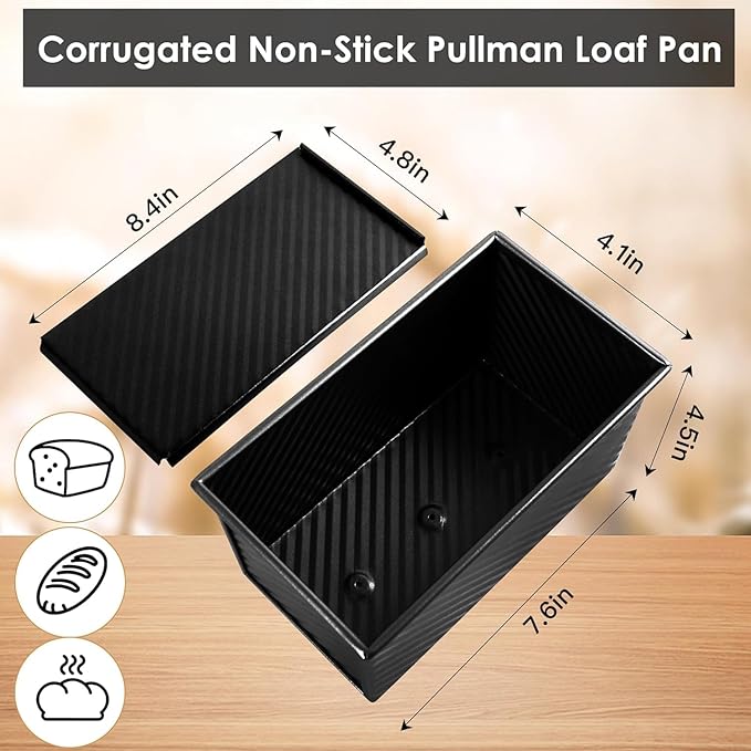 2pack 1LB Black Pullman Loaf Pan with Lid, Non-Stick Sandwich Bread Loaf Pan, Easy Release Bread Pan with Lid for Homemade Bread