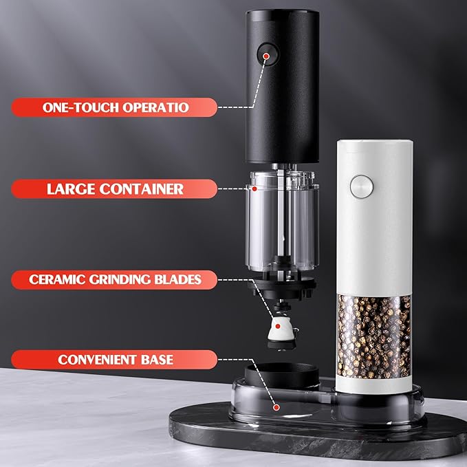 Electric Salt and Pepper Grinder Set Automatic Battery Pepper Mill Shakers Adjustable Coarseness Easy Filling Upgraded Larger Capacity with Led (2 Pack Black/White)
