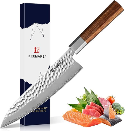 KEEMAKE Japanese Gyuto Chef Knife - 8 inch Kitchen Knife 3 Layer 9CR18MOV High Carbon Steel Blade, Sharp Cooking Knife with Octagonal Rosewood Handle