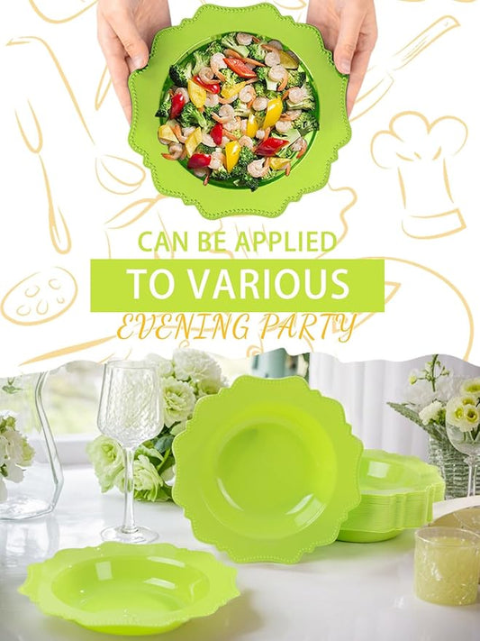 COLOSUS 60 Pack Lime Green White Plastic Bowls, 12 oz Disposable Soup Bowls, Premium Plastic Dinner Bowls,Heavy-duty Dessert Salad Bowl for Party, Wedding, Dinner, Christmas,Thanksgiving