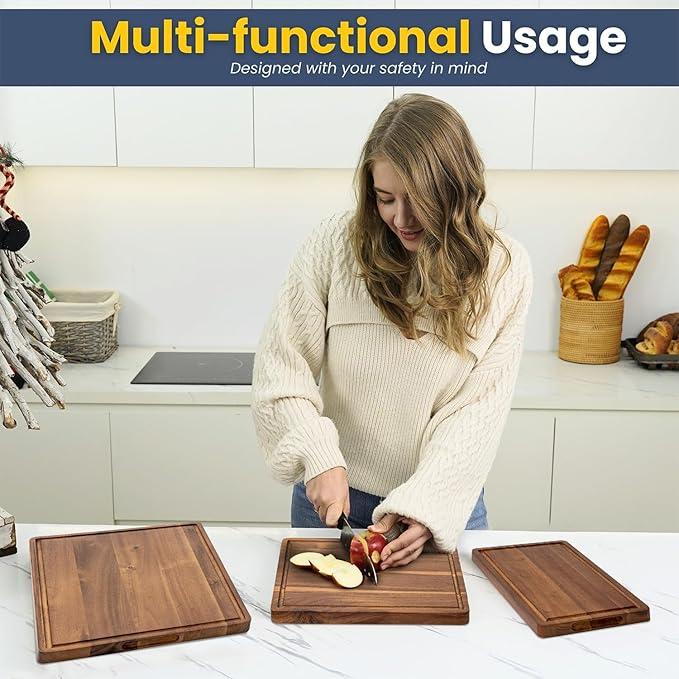KOLWOVEN Wood Cutting Boards for Kitchen - Set of 3, Wooden Cutting Board Set with Holder for Chopping Meat, Cheese, Fruits, Vegetables, Knife Friendly Serving Tray