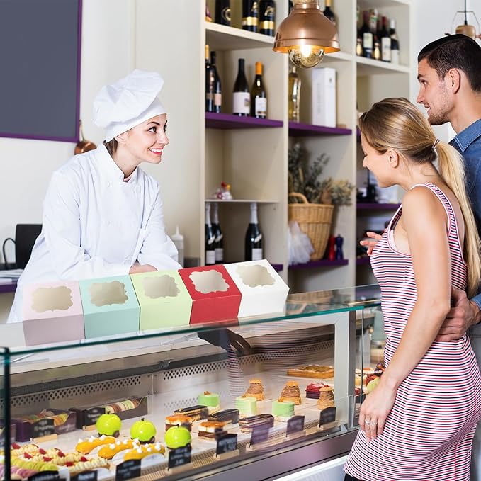 20 PCS 6.5 x 6.5 x 4 inch Paper, Cupcake Boxes with Inserts and Window Hold 4 Cupcakes, Bakery Boxes For Cupcakes Carrier, Cupcake Containers (Pink - 4 Holes)