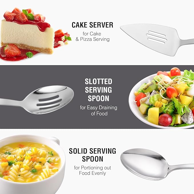 Stainless Steel Serving Utensils Set, 7Pcs Small Kitchen Utensils Set, Small Utensils for Serving, Ladle, Slotted Spatula, Meat Fork, Slotted Spoon, Cake Server, Solid Spoon, Square Spoon