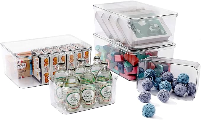 Clear Storage Bins With Lids,5 Packs Food Storage Organizer,Cabinet Storage Basket for Clothing, Towels, Cosmetics, Kitchen Storage Containers,Transparent Pantry Containers (3L+2S)