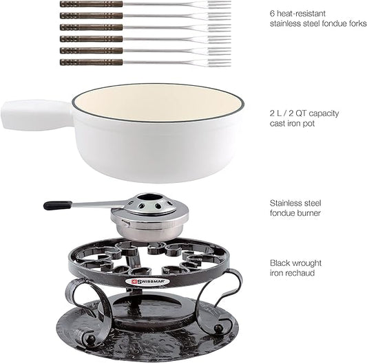 Swissmar Lugano 9 Piece Cast Iron Fondue Set - Matte White