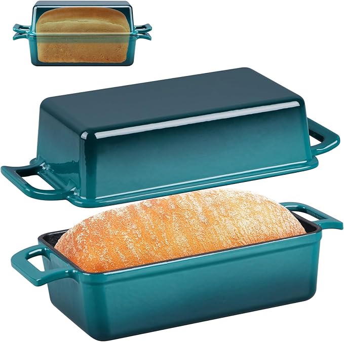 P&P CHEF 2 In 1 Enameled Cast Iron Loaf Pan with Lid, 9 x 5 Inch Bread Loaf Pans for Baking Homemade Sourdough Bread, Meatloaf, Toast, Cake, Nonstick & Healthy & Sturdy, 2 Piece Set - Dark Green