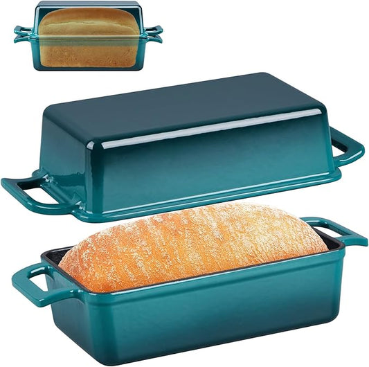 P&P CHEF 2 In 1 Enameled Cast Iron Loaf Pan with Lid, 9 x 5 Inch Bread Loaf Pans for Baking Homemade Sourdough Bread, Meatloaf, Toast, Cake, Nonstick & Healthy & Sturdy, 2 Piece Set - Dark Green
