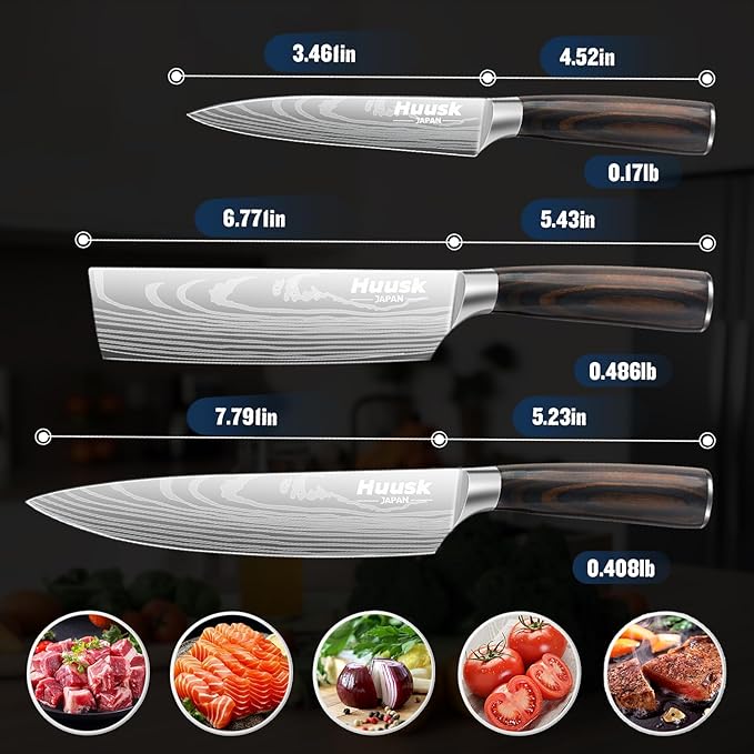 Huusk Chef Knife Set Japanese, Professional Kitchen Knife Set, Ultra Sharp Cooking Knives Sets with Wood Handle for Home, Outdoor Camping BBQ, Gift Idea Men