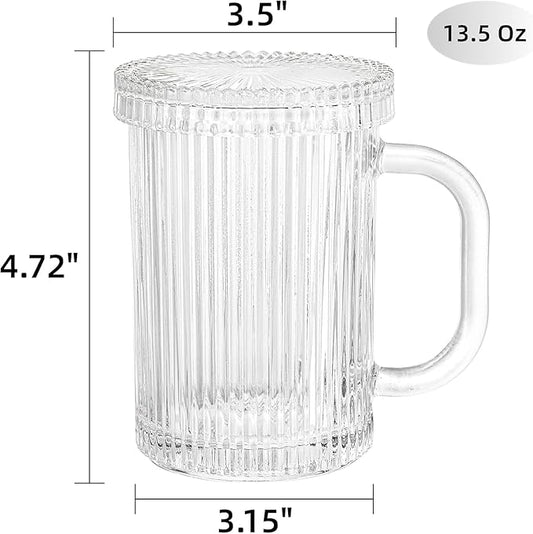 13 oz Clear Ribbed Coffee Mug with Lid, Set of 2 - Classic Glassware for Hot and Cold Beverages (Set of 2)