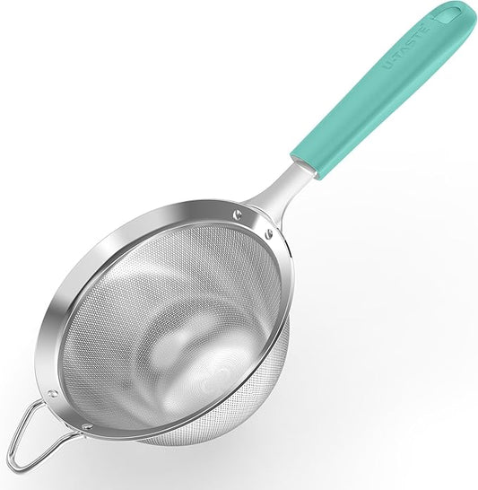 U-Taste Medium Fine Mesh Strainer: 18/8 Stainless Steel 4.73in 30 Mesh Kitchen Food Sieve with Sturdy Riveted Silicone Handle, Heavy Duty Deep Handheld Metal Colander for Rice, Quinoa, Flour(Aqua Sky)