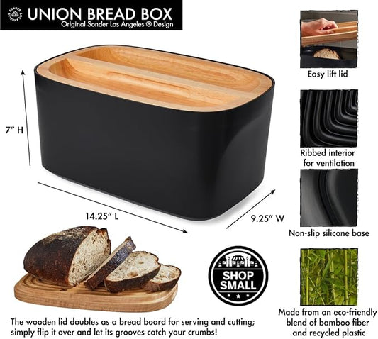 Sonder Los Angeles, Modern Bamboo Fiber and Recycled Plastic Bread Box (Black) for Kitchen Countertop with Reversible Bread Board Wood Lid 14.25 x 9.25 x 7 in