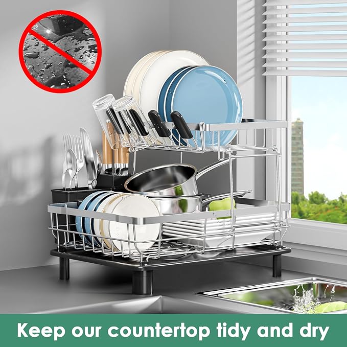 MOUKABAL Dish Drying Rack - 2 Tier Stainless Steel Dish Rack, Dish Racks for Kitchen Counter, Drying Rack Kitchen with Removable Utensil Holder and Drainboard (Black)
