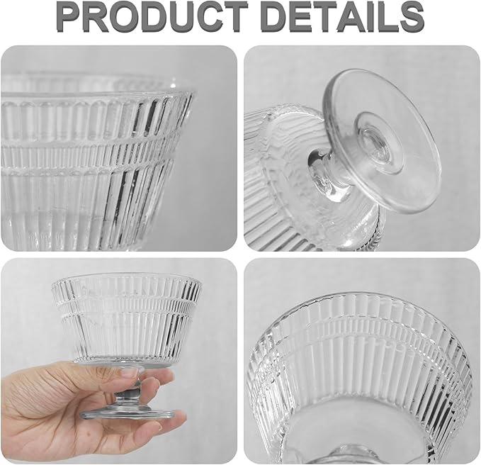 Vintage Glass Dessert Bowls, Dessert cups Set of 4, 9 oz Sundae Cups for Ice Cream, Fruit, Pudding, small snacks, Yogurt, and Appetizers (4)