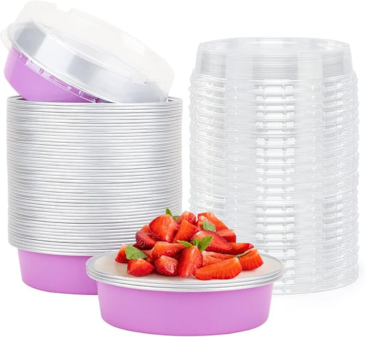 Beasea Disposable Mini Pans with Lids, 50 Pack 4” 8oz Light Pink Aluminum Baking Foil Tins Round Small Tart Container for Individual Cupcake Dessert Muffin Ramekin Cheesecake Quiche Oven Dishes
