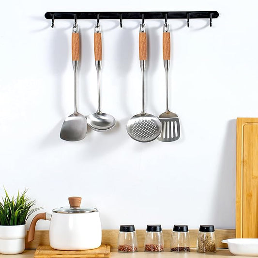 FJNATINH Wok Utensils - Wok Spatula Metal Set, 4-Pieces 14-15 Inch Extra Long, Wok Tools Professional Set, Wooden Handle Skimmer, Soup Ladle, Slotted Turner