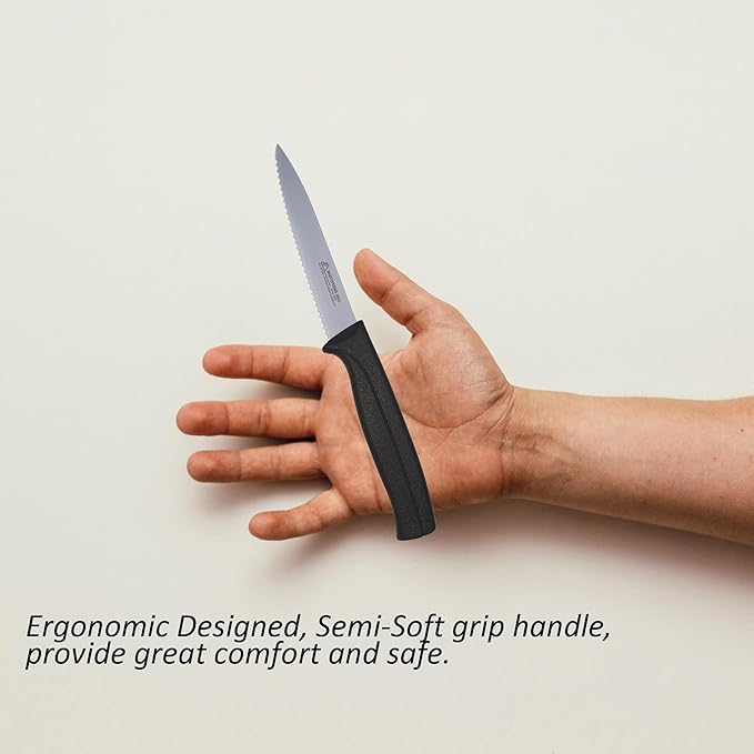 Kitchen Utility Knife - MATTSTONE HILL 4 Inch Serrated Paring Knife, Vegetable Knife, Slim Blade, Premium Stainless Steel, Semi Soft Handle, Black