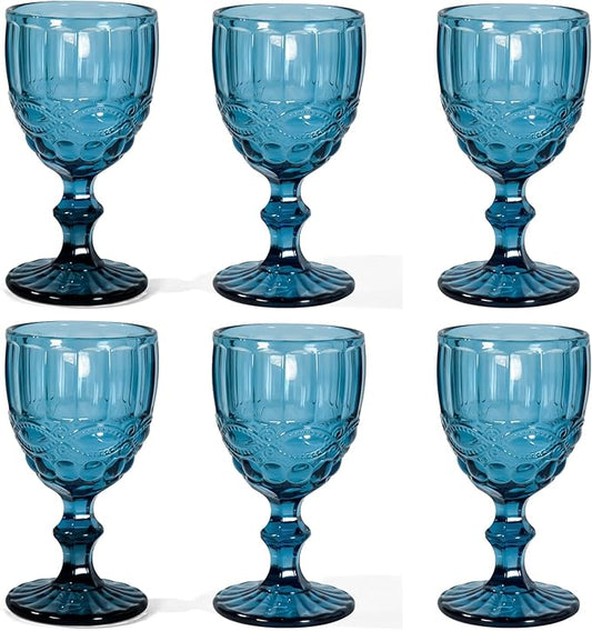 Vintage Wine Glasses Set of 6, 12 OZ Colored Glass Water Goblets, Embossed Floral Decorative Crystal Glass Cups Set, Dishwasher Safe, for Wedding, Party, Red Wine Glass, Bars, Restaurants