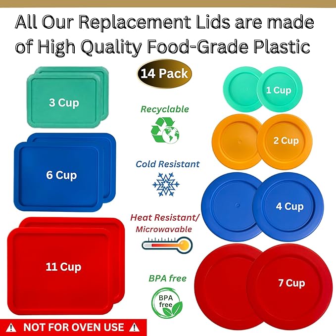 1, 2, 4 & 7 Cup Round & 3, 6, 11 Cup Rectangle Replacement Lids/Covers for Pyrex, Anchor Hocking & KlareWare Storage Bowls *Lids Only -Glass Container Not Included*, 14 Pack *2 of Each Size*
