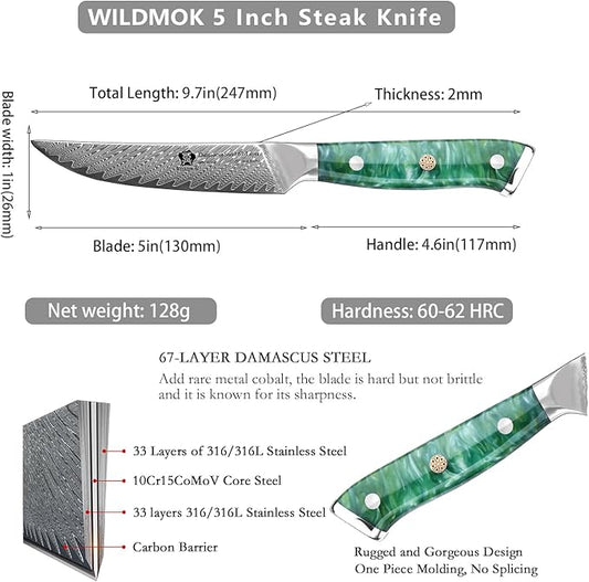 WILDMOK Steak Knives, 5 inch Non Serrated Steak Knife Set of 4, Japanese Damascus VG10 Steel Steak Knives, Dishwasher Safe Steak Knives, Premium Steak Knives Set with Gift Box