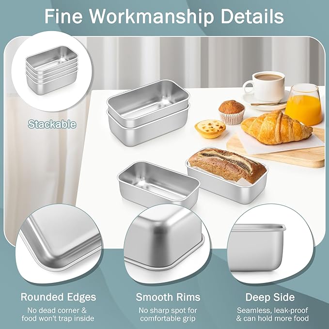 TeamFar Mini Loaf Pan, 4 PCS Stainless Steel Loaf Pans for Baking Bread, 6.3 x 3.5 Inch Bread Baking Pan for Homemade Bread, Meatloaf, Cake and Brownies, Non-Toxic, Oven & Dishwasher Safe
