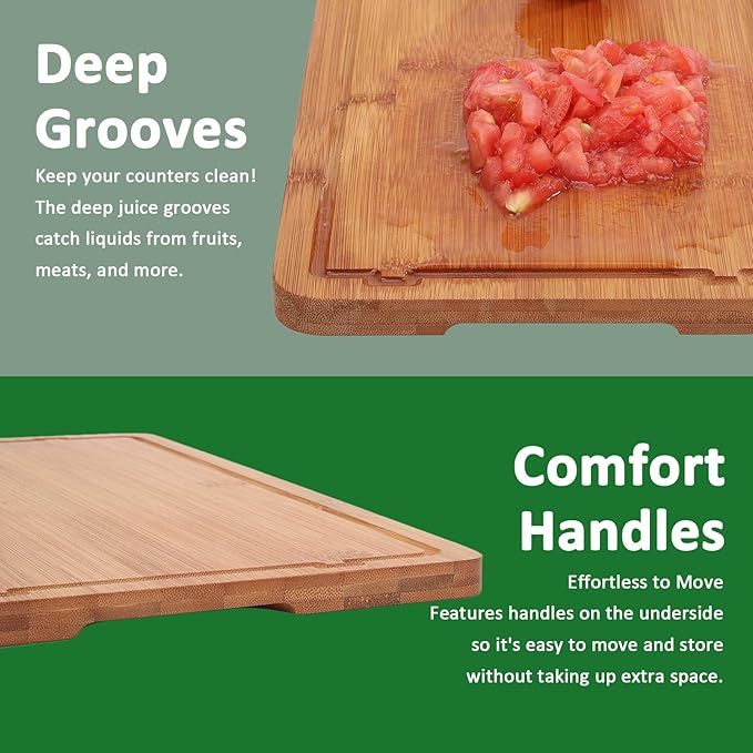 Bamboo Cutting Boards for Kitchen Meal Prep & Serving Set of 3, Wooden Chopping Boards with Juice Grooves & Handles for Meat, Vegetables Easy Clean Ideal Kitchen Gift for Home Cooks & Wedding
