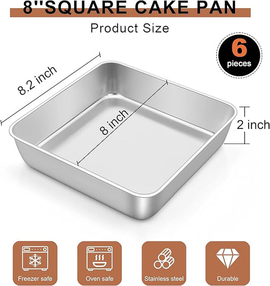 LIANYU 6 Pack 8 x 8 Inch Square Baking Cake Pan, Stainless Steel Brownie Bread Cake Molds, Square Bakeware for Lasagna Pie, Oven & Dishwasher Safe