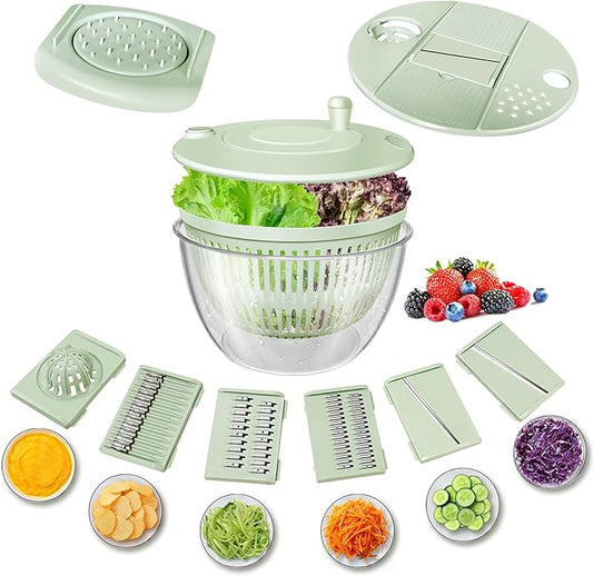 Airpro Salad Spinner Large, Vegetables Fruits Wash Bowl,Lettuce Spinner Pasta and Fries Dryer with 5 Blades,Egg Yolk Strainer Slicer Shredder for Kitchen Colander, 5.3 Qt, Green White