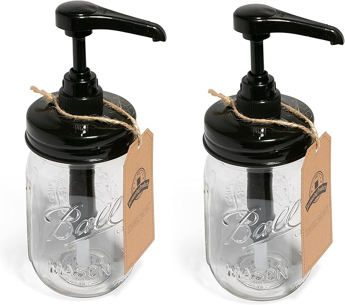 Jarmazing Products Mason Jar Syrup Dispenser - Set of 2 – 16 oz Ball Jars with Rust-Proof, Leak-Proof, Food Grade Pumps for Honey, Syrups, Condiments, Salad Dressings and More