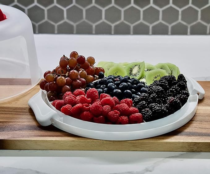 Pie, Cheesecake Carrier for up to 10 in x 4 1/2 in cake. Two Sided Fashionable Stand Doubles as Five Section Serving Tray Perfect Taker Caddie for Travel (White)