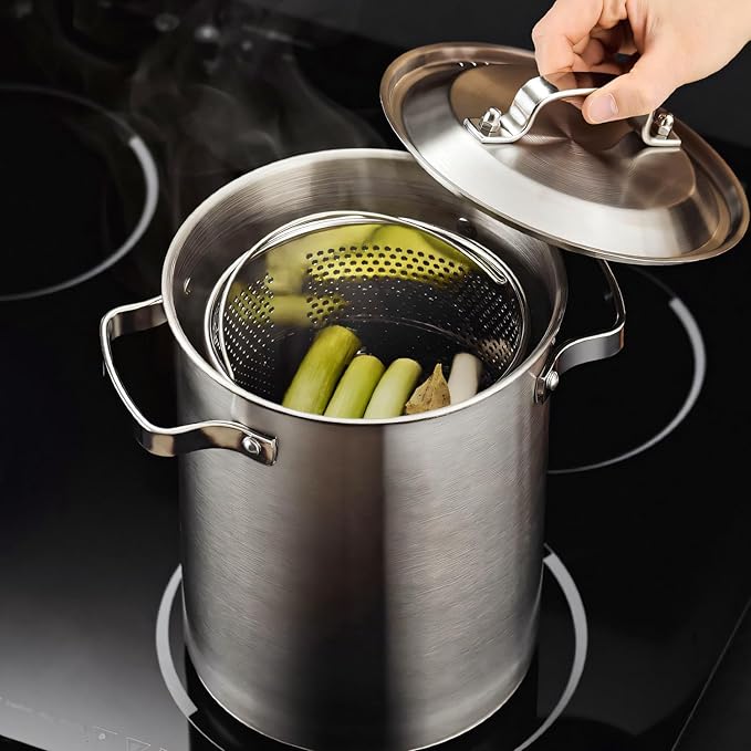 Asparagus Pot, Stainless Steel Asparagus Steamer Pot & Spaghetti Pasta Cooker with Perforated Steamer Basket - 3-Ply Base, 4.3L/1.14Gal, Versatile Cookware  