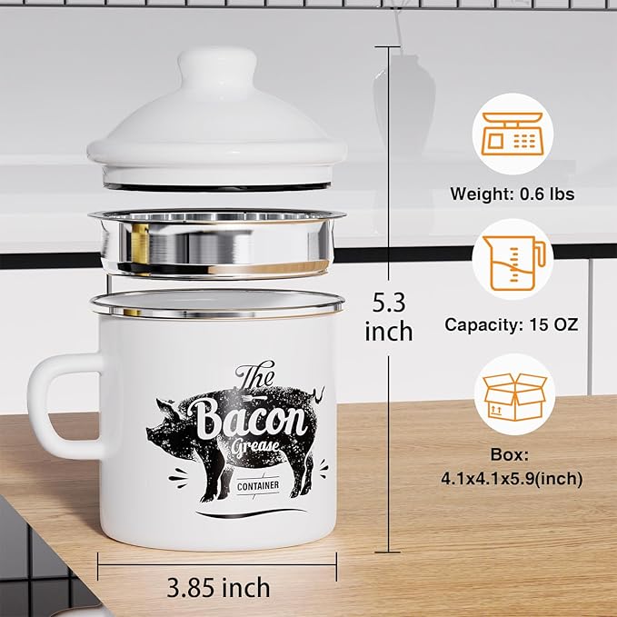 PGYARD Mini Bacon Grease Container With Strainer - 15OZ Enamel Grease Saver, Farmhouse Bacon Grease Keeper For Kitchen Fat Storage, Dishwasher Safe-White