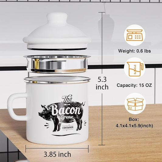 PGYARD Mini Bacon Grease Container With Strainer - 15OZ Enamel Grease Saver, Farmhouse Bacon Grease Keeper For Kitchen Fat Storage, Dishwasher Safe-White